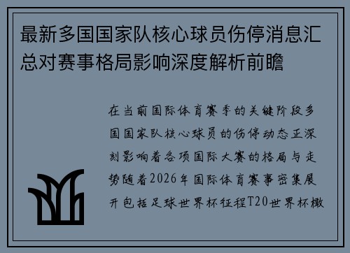 最新多国国家队核心球员伤停消息汇总对赛事格局影响深度解析前瞻 最新多国国家队核心球员伤停消息汇总对赛事格局影响深度解析前瞻